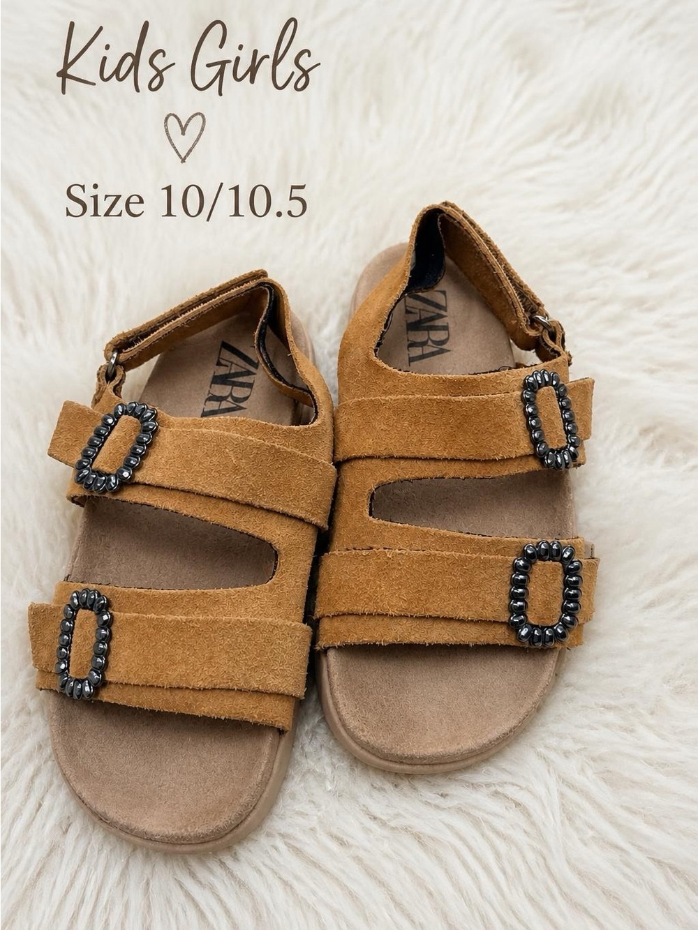 Zara Girls' Tan Suede Triple-Buckle Sandals